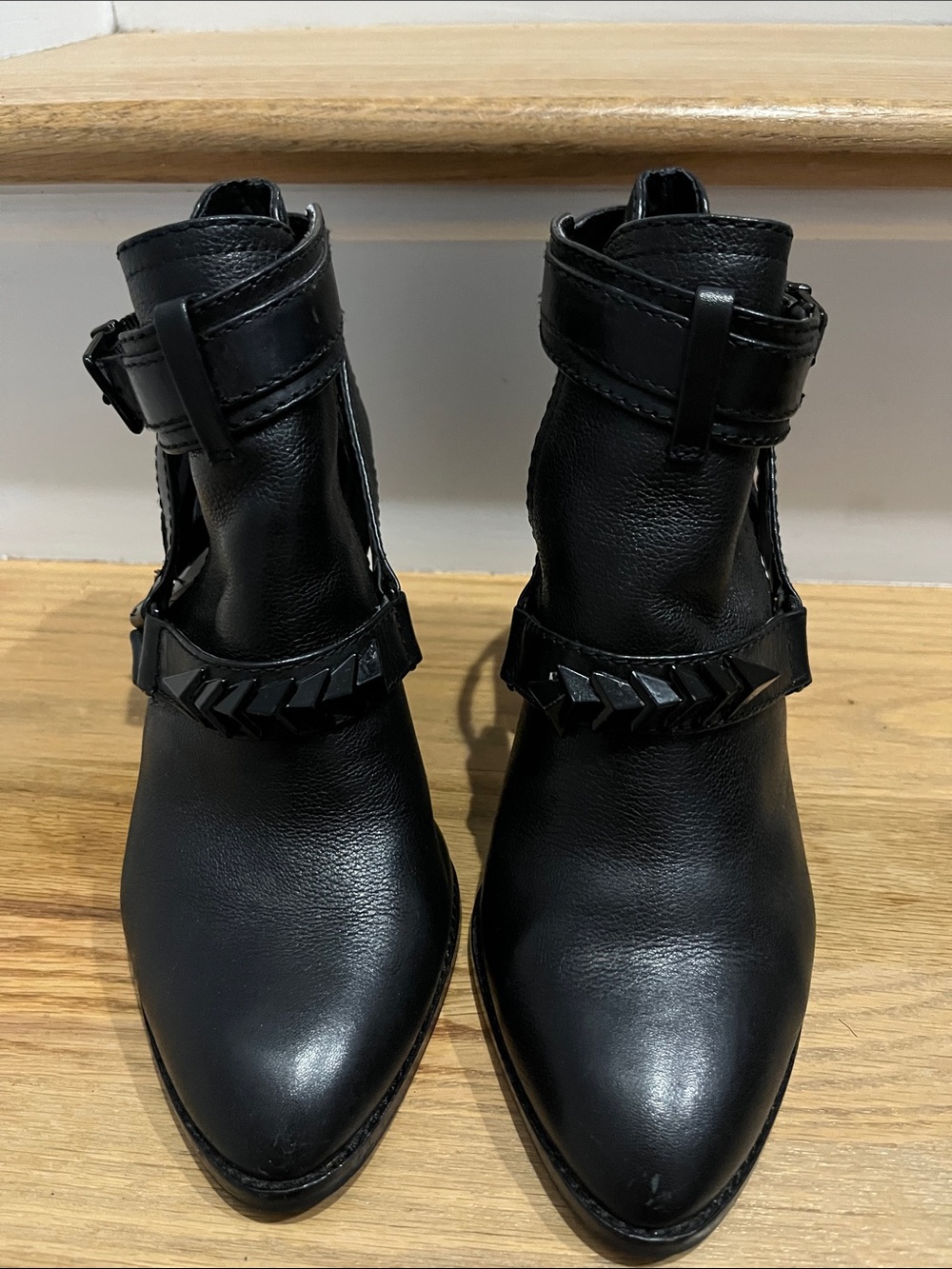 Gianni Bini Black Pointed Toe Ankle Boots with Chevron Strap